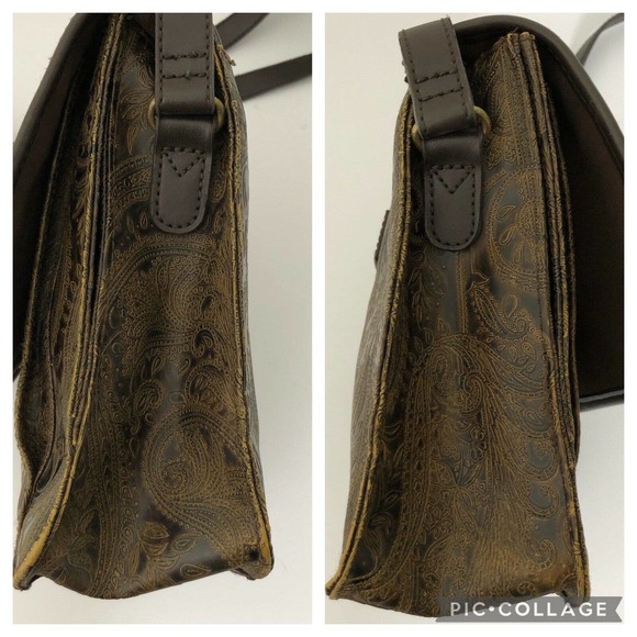 Vintage Relic Brown Paisley Tooled Faux Leather Flap Front Crossbody Satchel Bag - Picture 8 of 12